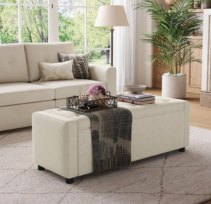 Modern Tufted Upholstered Storage Bench – Cream Fabric Ottoman Bench