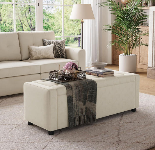 Modern Tufted Upholstered Storage Bench – Cream Fabric Ottoman Bench