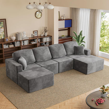 Modern U Shape Sectional Sofa Grey Fabric Modular Couch