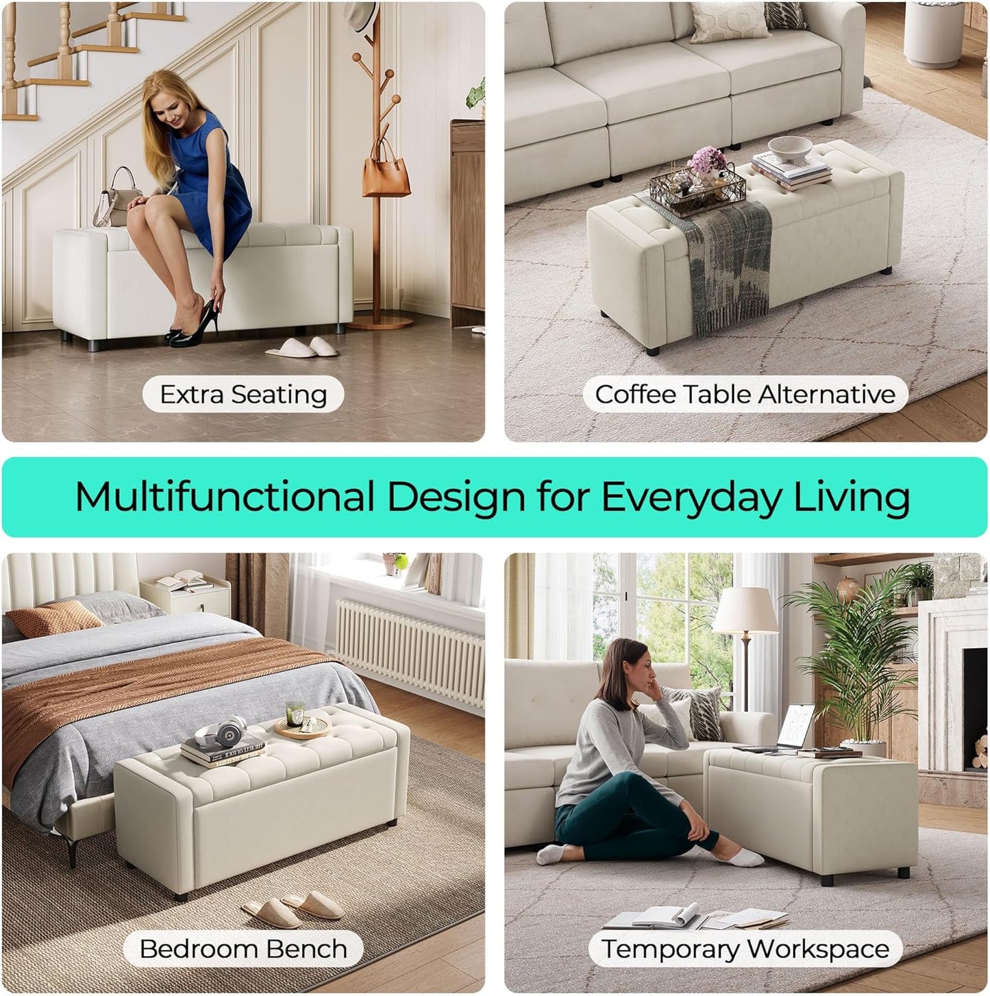 Modern Tufted Upholstered Storage Bench – Cream Fabric Ottoman Bench