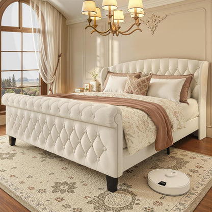 Classic Tufted Queen Size Upholstered Bed | Premium Cream Fabric Platform Bed