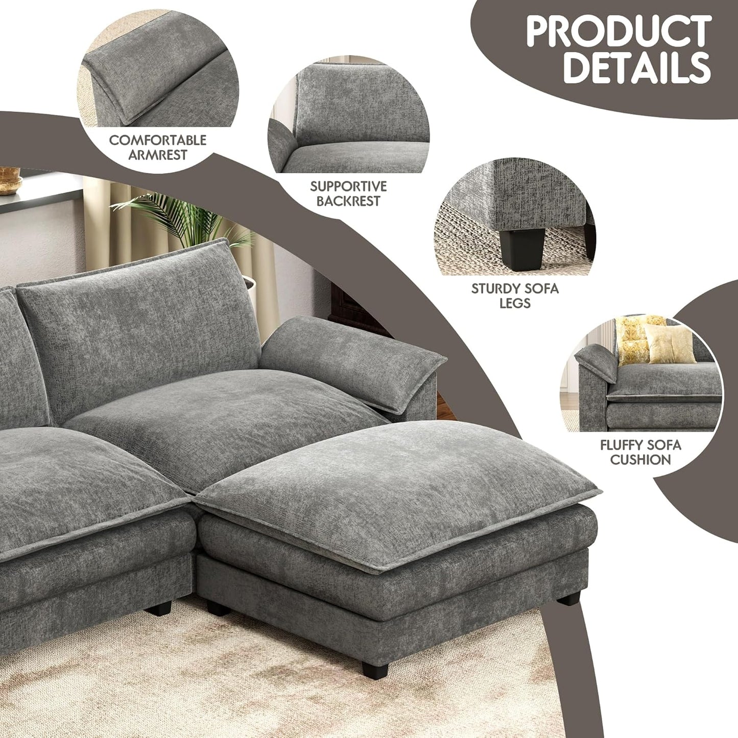 Modern L Shape Sectional Sofa Grey Fabric with Ottoman