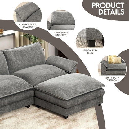 Modern L Shape Sectional Sofa Grey Fabric with Ottoman