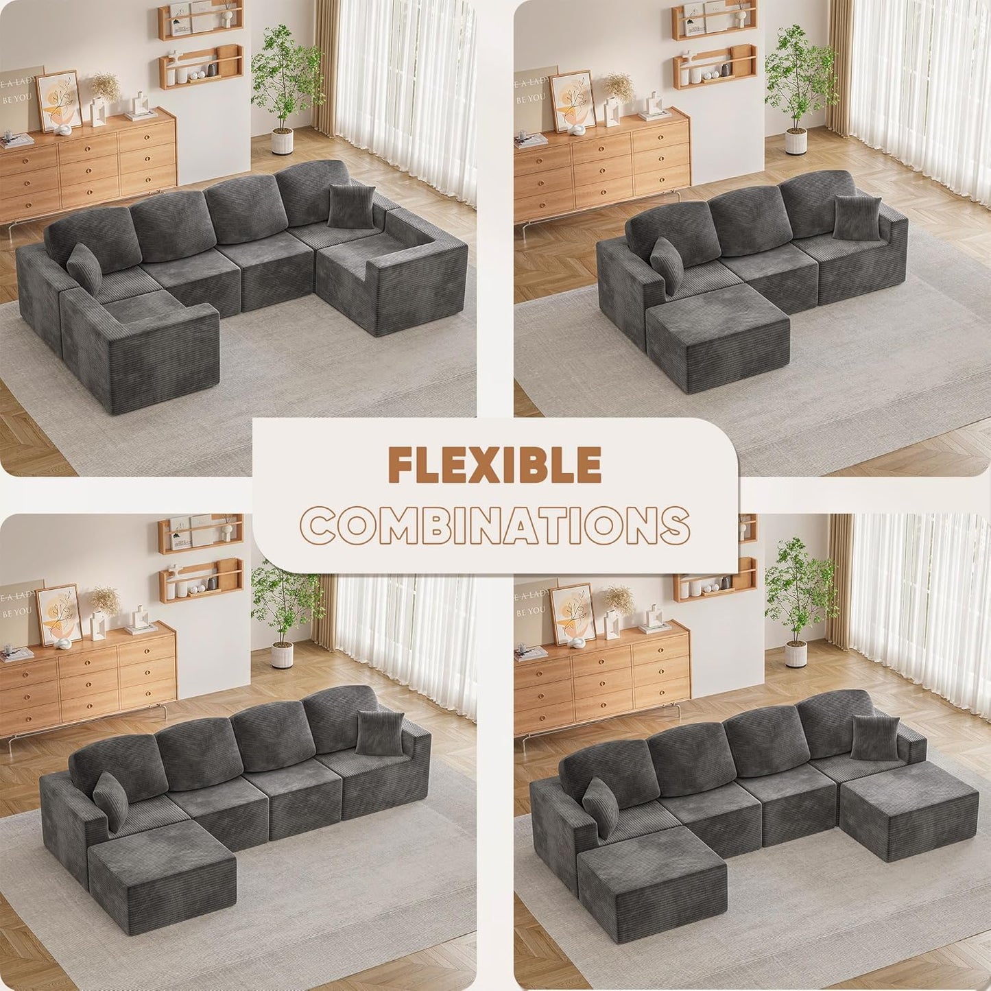 Modern U Shape Sectional Sofa Grey Fabric Modular Couch