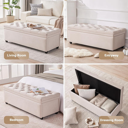 Modern Tufted Upholstered Storage Bench with Hidden Storage – Cream Beige