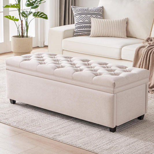 Modern Tufted Upholstered Storage Bench with Hidden Storage – Cream Beige