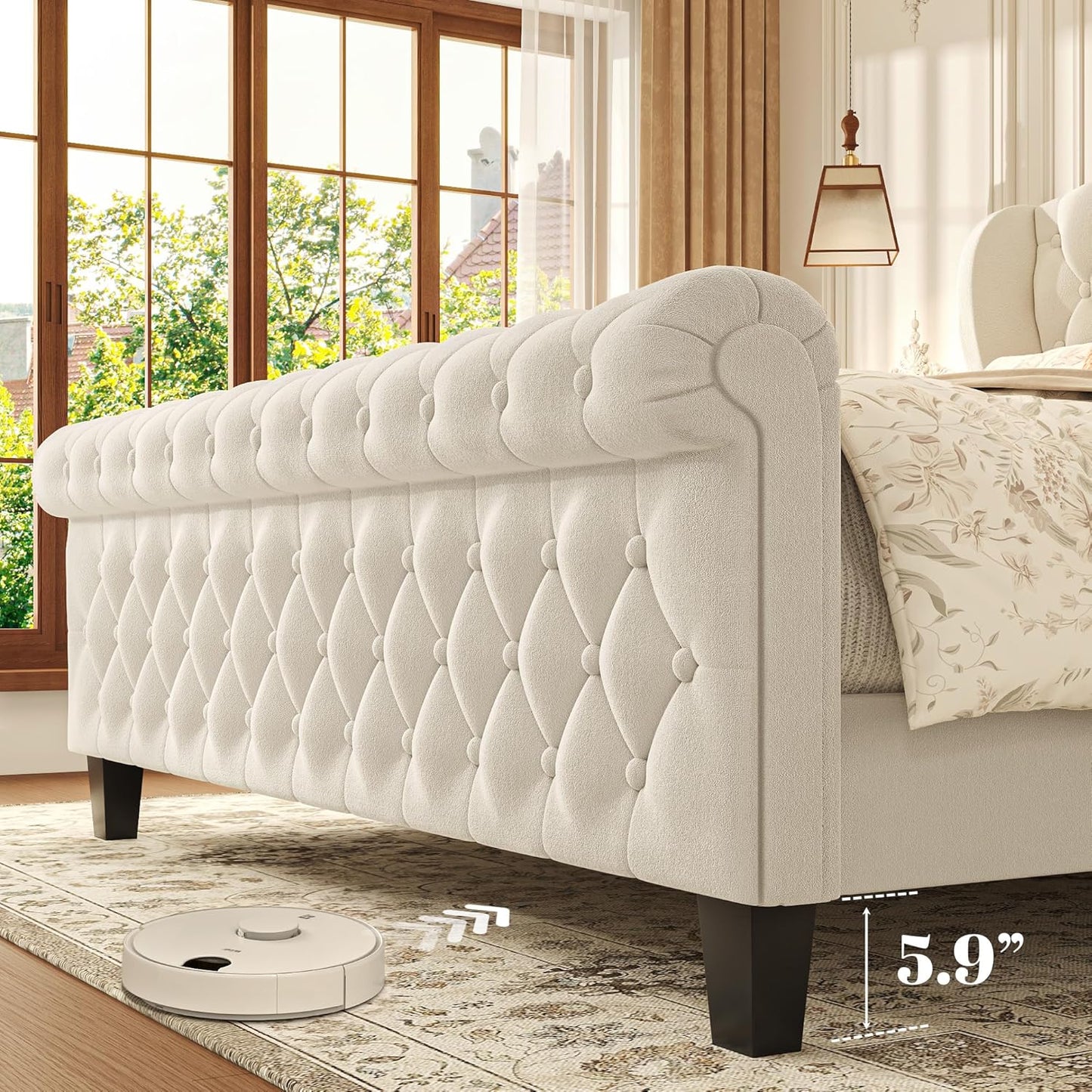Classic Tufted Queen Size Upholstered Bed | Premium Cream Fabric Platform Bed