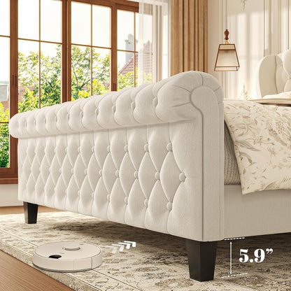 Classic Tufted Queen Size Upholstered Bed | Premium Cream Fabric Platform Bed