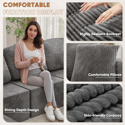 Modern U Shape Sectional Sofa Grey Fabric Modular Couch