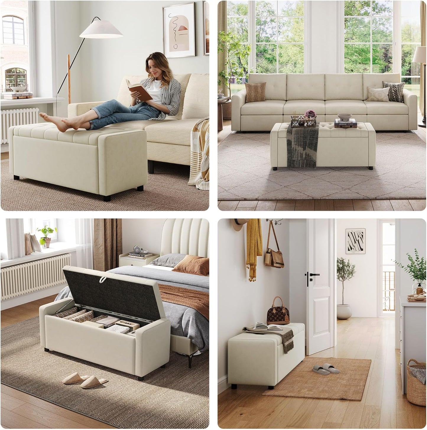 Modern Tufted Upholstered Storage Bench – Cream Fabric Ottoman Bench