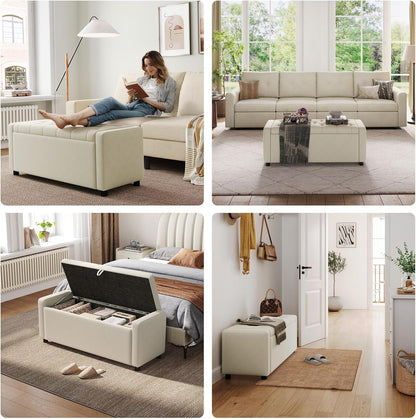 Modern Tufted Upholstered Storage Bench – Cream Fabric Ottoman Bench