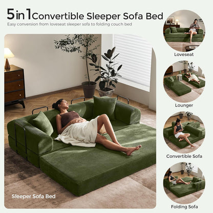 Convertible Fabric Sofa Bed Foldable Sleeper Couch Green