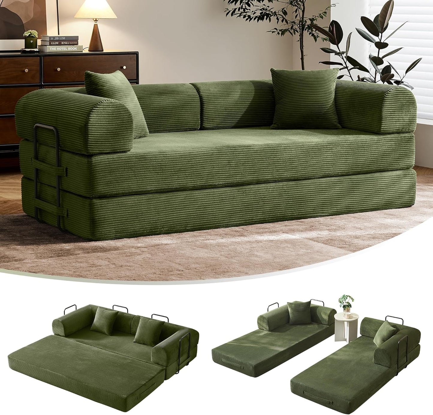 Convertible Fabric Sofa Bed Foldable Sleeper Couch Green