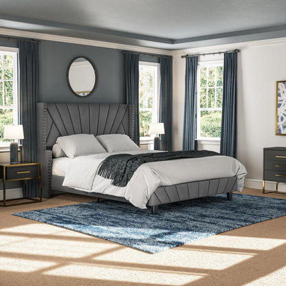 Modern Wingback Queen Size Upholstered Bed | Premium Fabric Bed